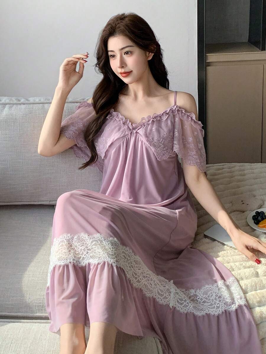 DAZY Romantic Patchwork Waist Exposed Shoulder Women Nightgown