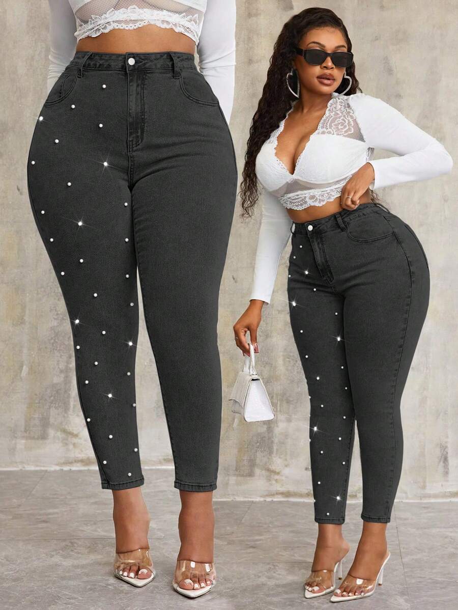 SHEIN SXY Pantalones vaqueros azules elásticos con decoración de perlas, para tallas grandes