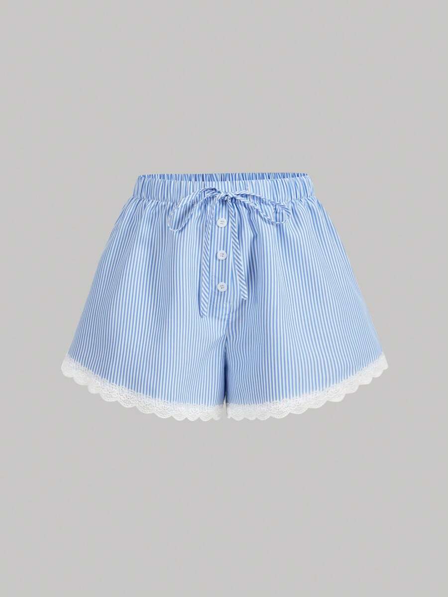 SHEIN MOD Low Waist Front Tied Lace Trim Striped Shorts,Summer Outfits For Women,Baggy,Striped,Vacation,Lace,Going Out Shorts
