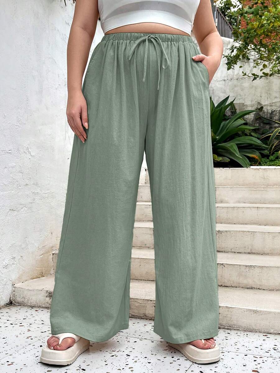 SHEIN Essnce Plus Size Women's Spring And Summer Fashion Casual Loose Comfortable Daily Linen Green Elastic Waist Wide Leg Pants, Holiday Wear,Summer Outfits,Women Bottom,Beach Outfits For Woman,Linen Pants Women