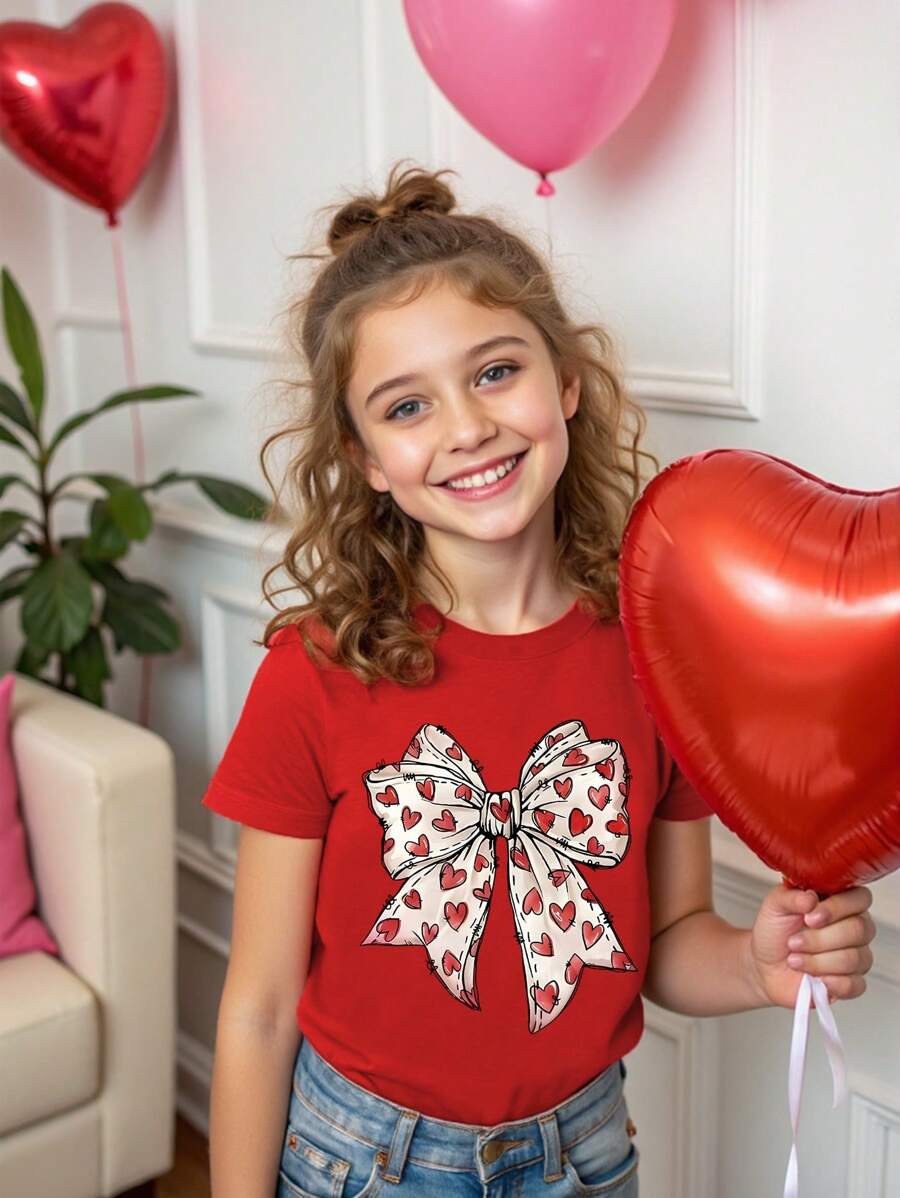 Young Girl' Fashionable Cute Red Heart & Bow Print Short Sleeve Round Neck T-Shirt, Suitable For Festivals, Party And Daily Wear