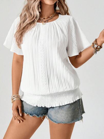 SHEIN LUNE Plus Size Ruffled Hem Elastic Short Sleeve Crew Neck Blouse Boho Old Money  Bohemian Summer Tops Vacation Outfits Woman 90s Clothes Summer Outfits For Women Blouses For Women Elegant