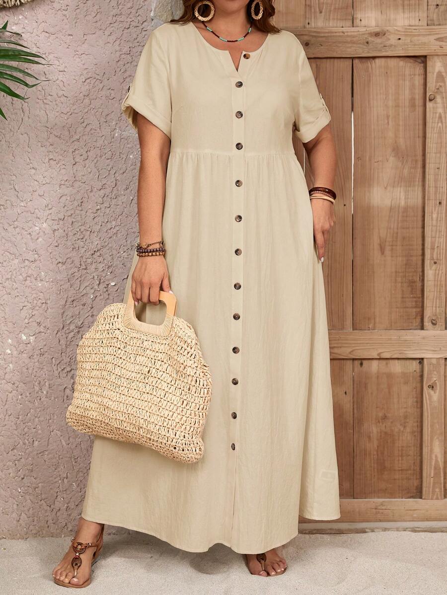 EMERY ROSE Plus Size Summer Countryside Round Neck Single-Breasted Casual Summer Dress, Suitable For Vacation