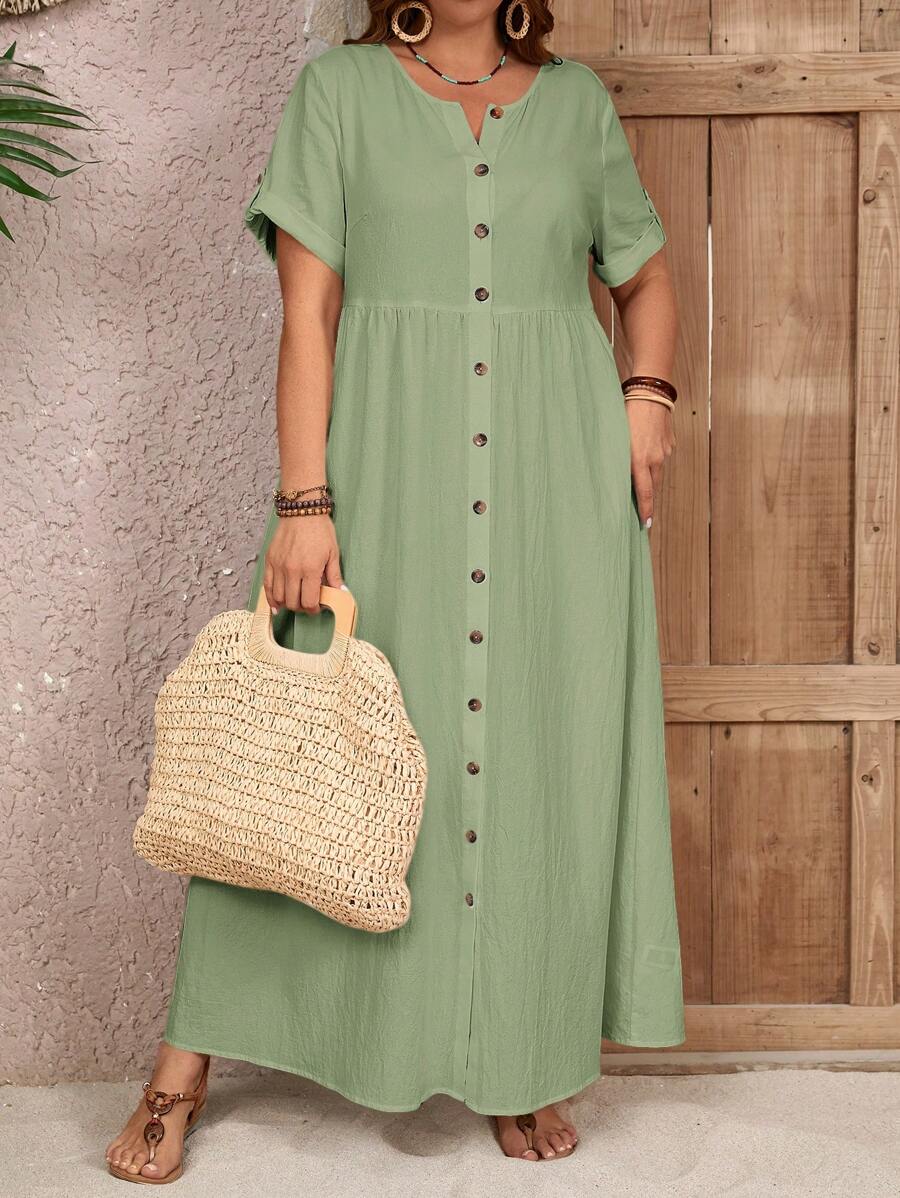 EMERY ROSE Plus Size Summer Countryside Round Neck Single-Breasted Casual Summer Dress, Suitable For Vacation,Summer Clothes,Vacation Outfits Woman / Vacation