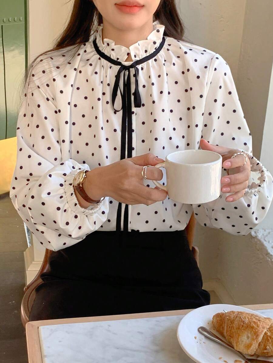 FRIFUL Camisa suelta de mujer con cuello de corbata a lunares, conjunto de primavera para citas y eventos