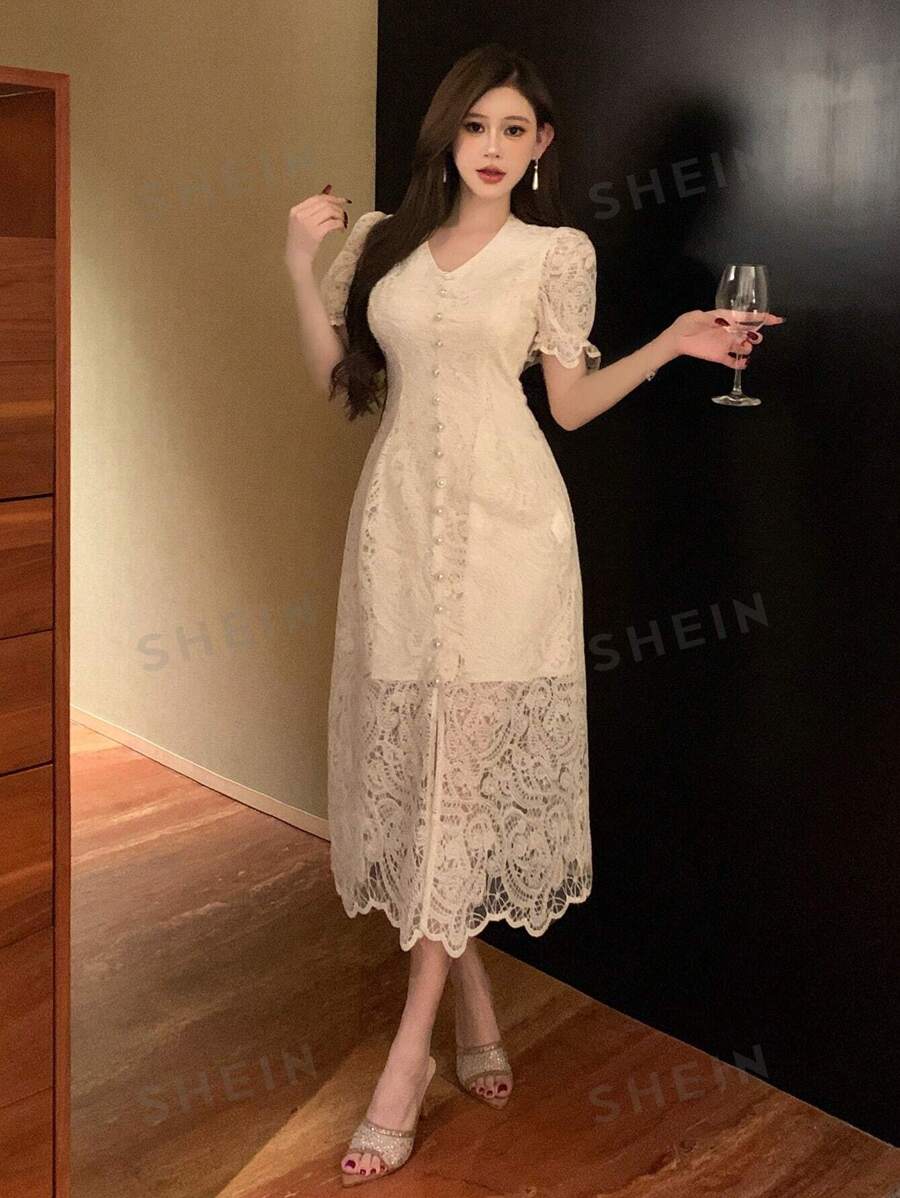 DAZY Vestido de mujer con cuello en V, manga corta de encaje y bajo con abertura - Vestido de fiesta, vestido de verano