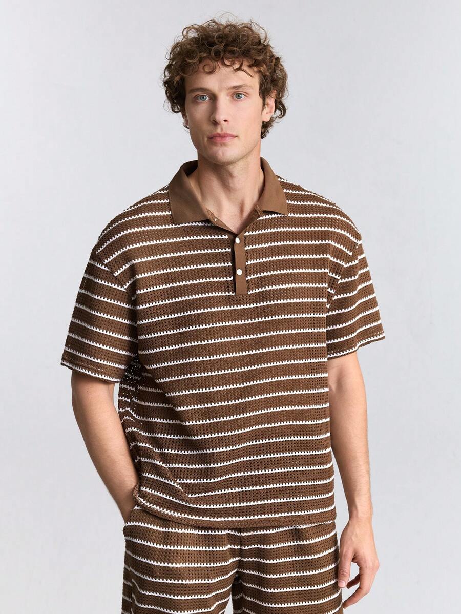 Ontre Camisa polo de manga corta a rayas de verano 2025 para hombres, diseño a rayas de contraste cómodo y versátil, estilo bohemio de vacaciones, casual de negocios para hombres jóvenes, adecuado para festivales de música, vacaciones y uso diario