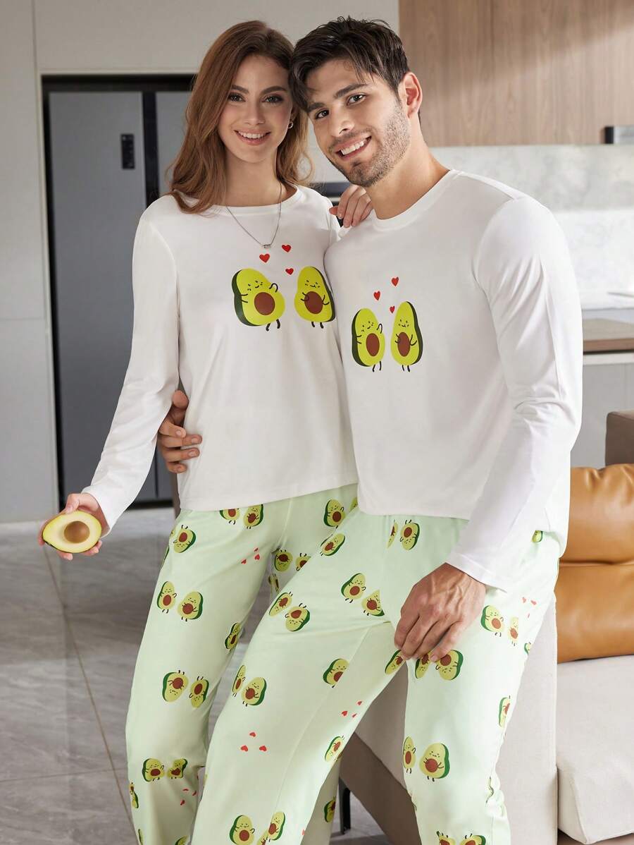 CoupledUp Conjunto de pijama con estampado de aguacate de dibujos animados para mujer, top y pantalón