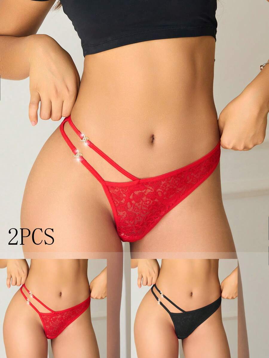 Set de 2 bragas tipo tanga simples, casuales y a la moda de encaje para mujer