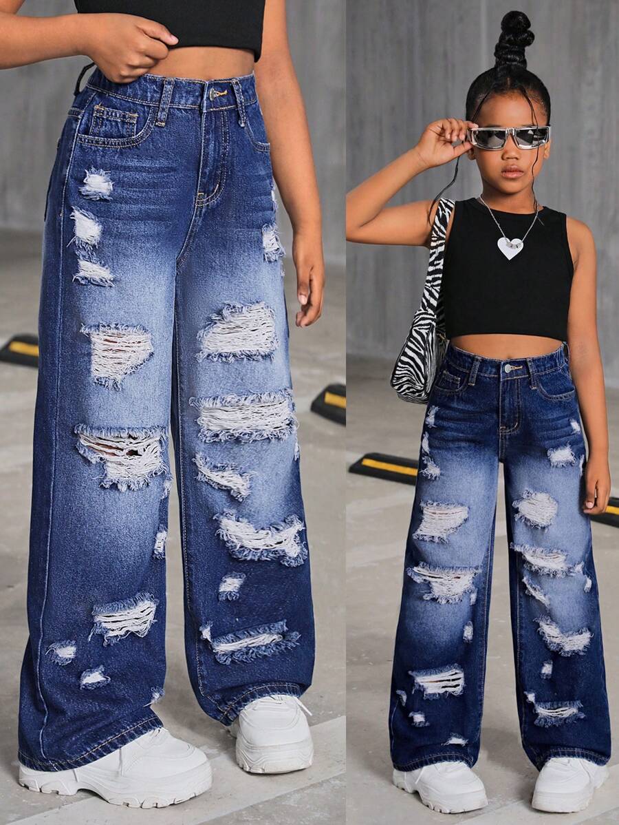 SHEIN Young Girl Y2K Blue Denim Wide Leg Loose Ripped Jeans,Kid Girls Spring And Summer Casual Vacation Wear,Kid Girls Multiple Cargo Pockets Street Cool Outfit