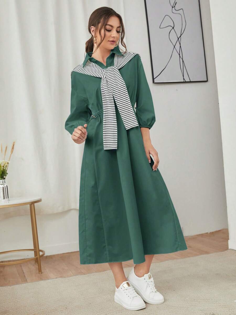 Mulvari Women's Plain Color Splicing Long Sleeve Casual Long Dress