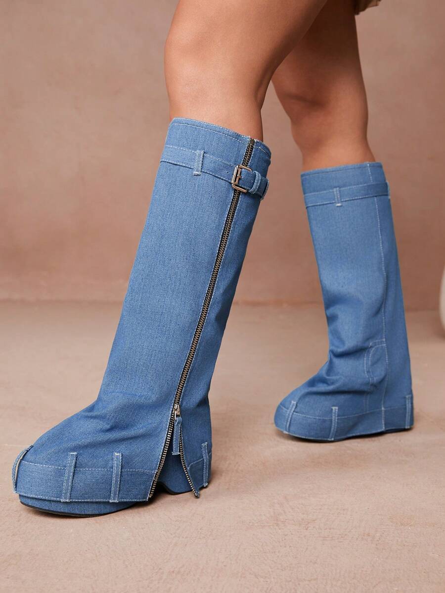 CUCCOO CURVES Plus Size Women Vintage Thick Sole Fashion Round Toe Shark Hem Belt Buckle Long Boots For Autumn/Winter