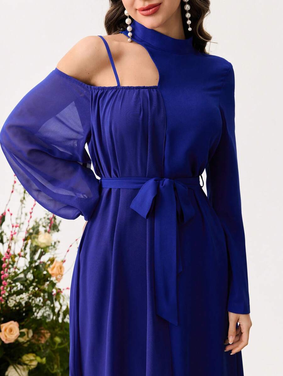 Modelyn Women's Solid Color Stand Collar Long Sleeve Front Tie Simple Casual Dress