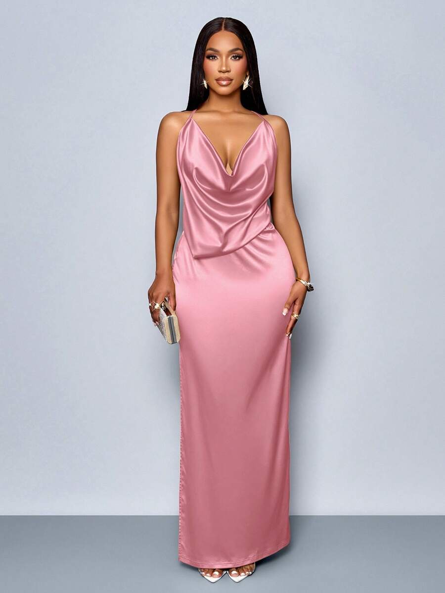 SOLERSUN Vestido ajustado elegante de satén con cuello drapeado, espalda descubierta y abertura alta, en unicolor, adecuado para fiesta de Navidad, vacaciones y citas, ideal para el Día de San Valentín