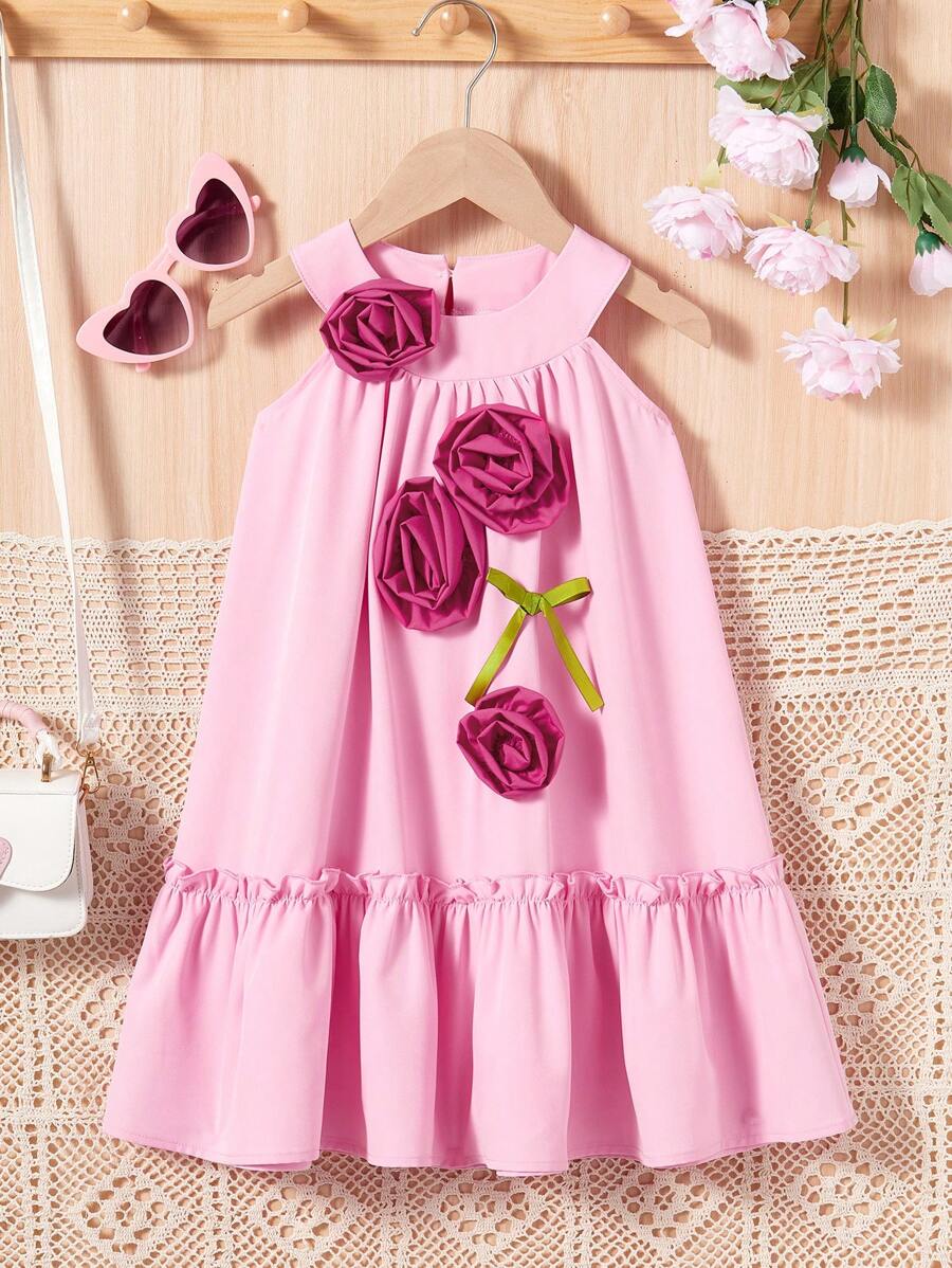 Young Girl Elegant 3D Floral Decor Halter Neck Dress