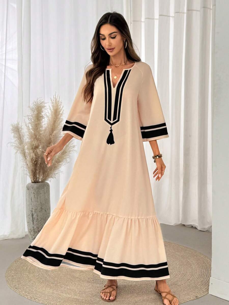 SHEIN LUNE Long Sleeve Maxi Dress With Ruffle Hem And Tassel Pendant, Chinese Style Retro Urban Dress Suitable For Formal Occasions, Beige