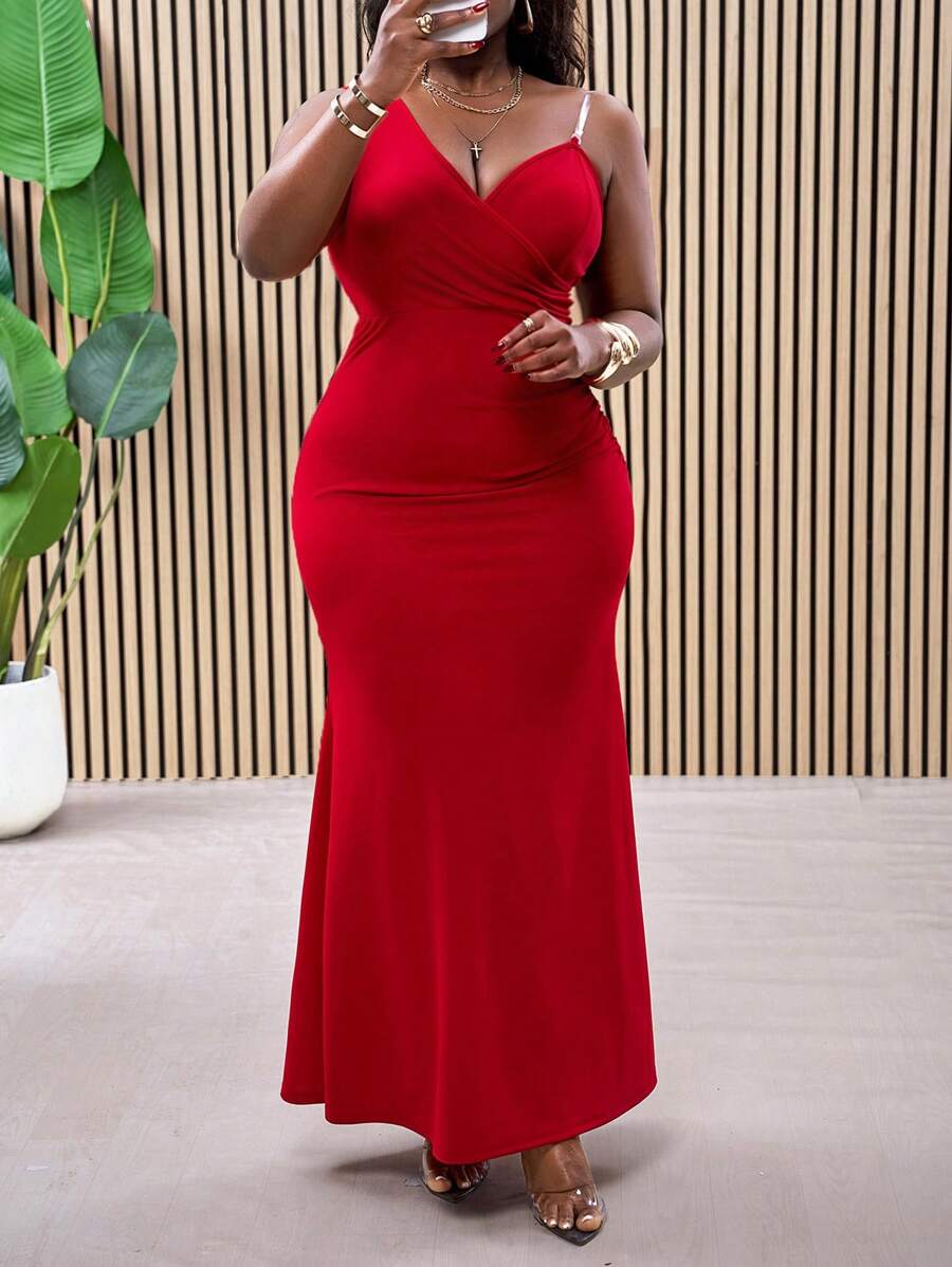 Slaydiva Plus Size Asymmetric Sleeveless Red Elegant Mermaid Hem Maxi Skirt