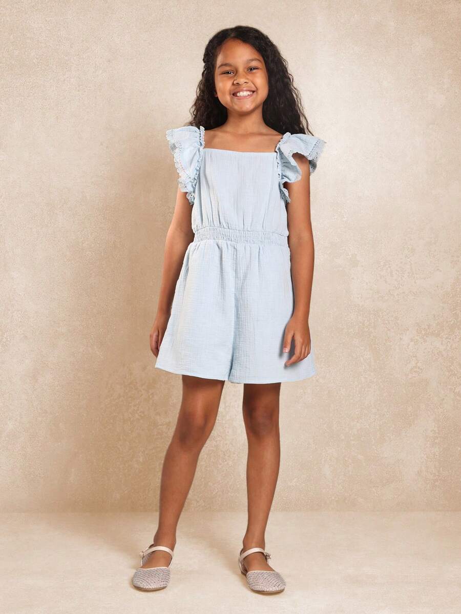 SUMWON Mono con volantes y mangas, con borde de encaje, cintura elástica, para niñas, casual de primavera y verano, ligero, cuello cuadrado, para fiestas, playa, vacaciones, Pascua y otras ocasiones