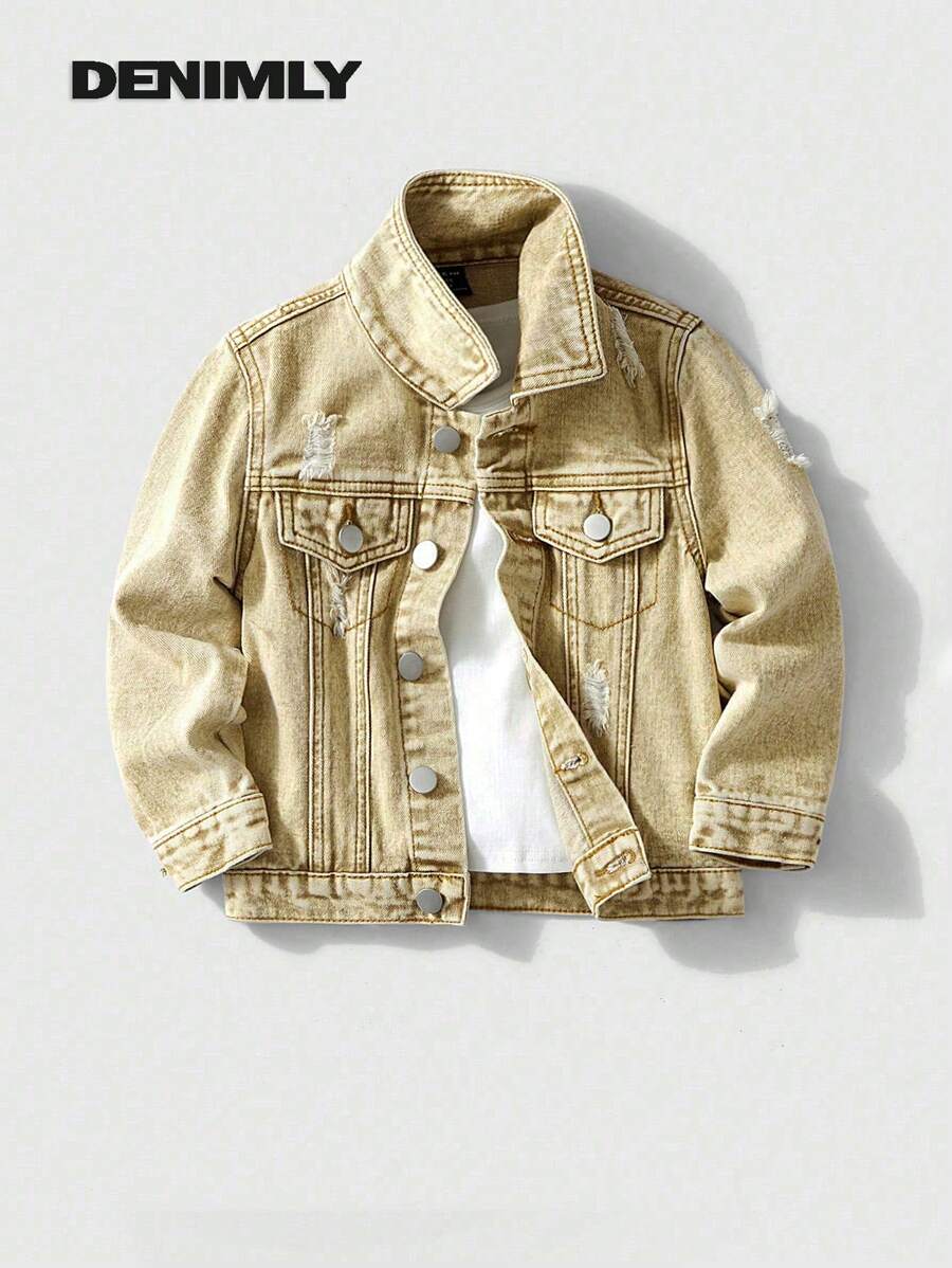 Unisex Young Kids Causal Urban Street Neutral Khaki Stone Wash Ripped Relax Fit Button Front Fastening Denim Jacket,Spring Summer Must Have Daily Fashion Item