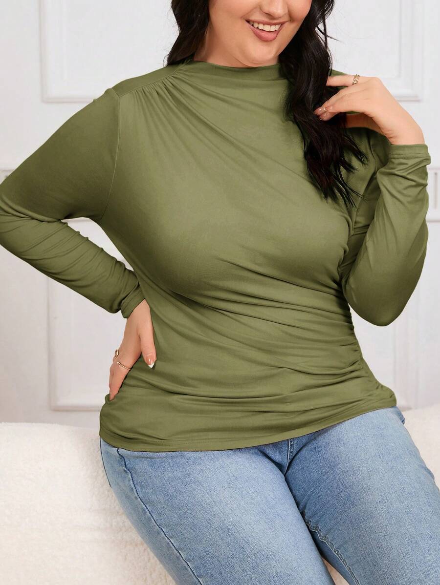 SHEIN Frenchy Plus Size Mock Neck Ruched Slim Fit Tee