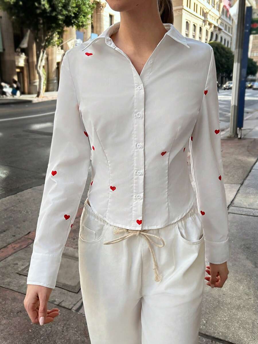 SHEIN EZwear Women's Casual Valentine's Day Shirt Heart Pattern Button Shirt Collar Long Sleeve Casual Shirt