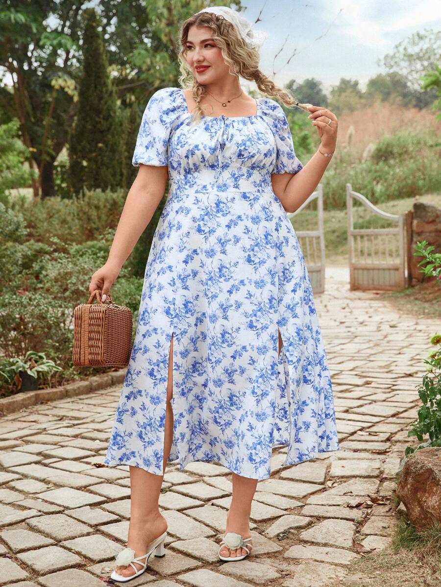 SHEIN VCAY Plus Size Floral Print Lantern Sleeve Square Neck Vacation Dress Sun Dresses Summer Outfits Beach Outfits For Woman Graduation Outfit Brunch Outfits For Women St Patrick Spring Break Rave Outfits Festival Elegant Vacation Outfits Woman Casau Western Cute Boho Floral Beach Spring Clothes Brunch Outfits For Women Old Money Tropical Vacation Woman Clothes