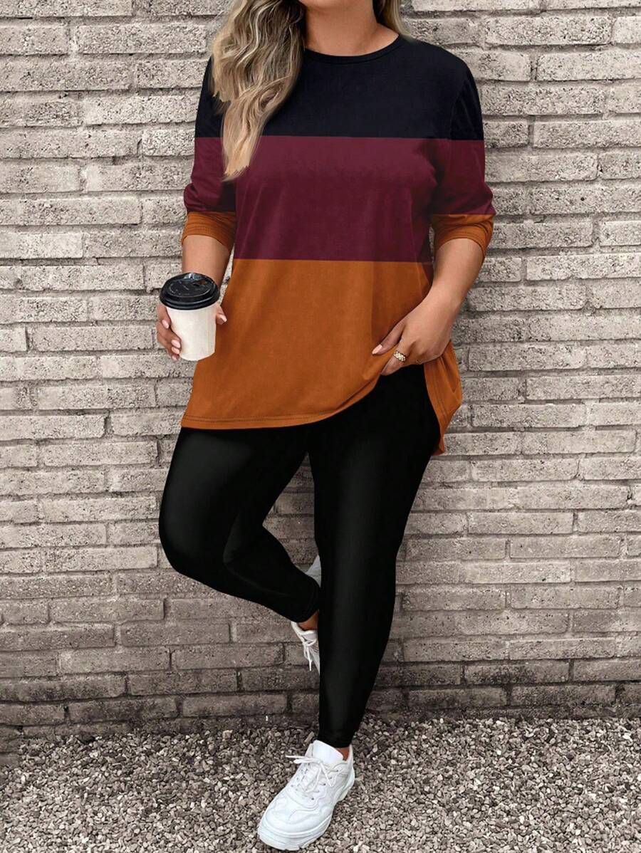 EMERY ROSE 2pcs/Set Plus Size Women Casual Stripe Pattern Long Sleeve T-Shirt And Yoga Pants Suit, Suitable For Autumn/Winter