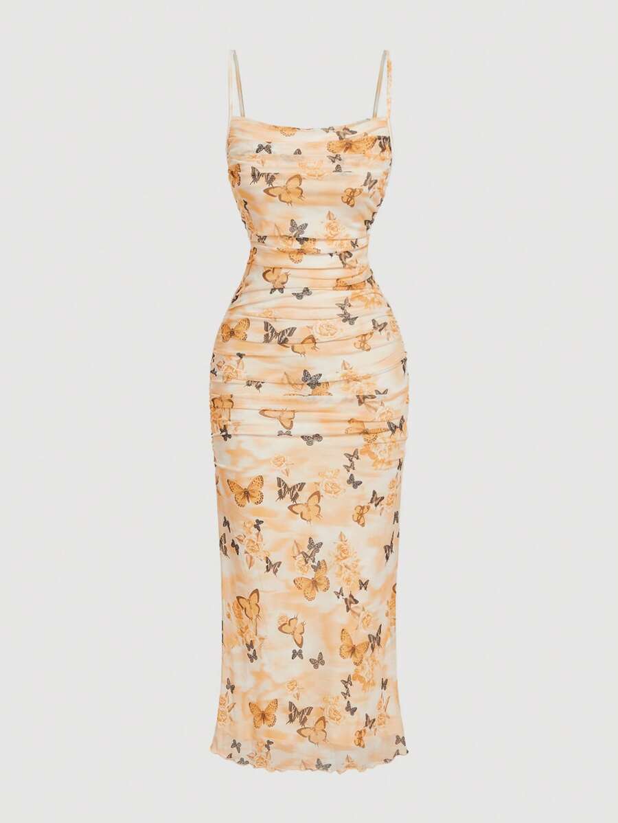 SHEIN MOD Women's Butterfly Print Romantic Cute Maxi Dress