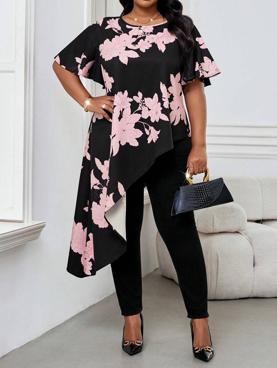SHEIN Lady Spring And Summer Elegant Commuting Office Casual Boho Colorful Woven Round Neck Asymmetrical Short Sleeve Plus Size T-Shirts Summer Summer Outfits For Women Vacation Outfits Woman Summer Tops Beach Outfits For Woman Summer Clothes Women Boho Women Clothing Beach Outfits Bohemian Plus Size Summer Clothes Summer Tops Women Tops Summer Vacation Tops