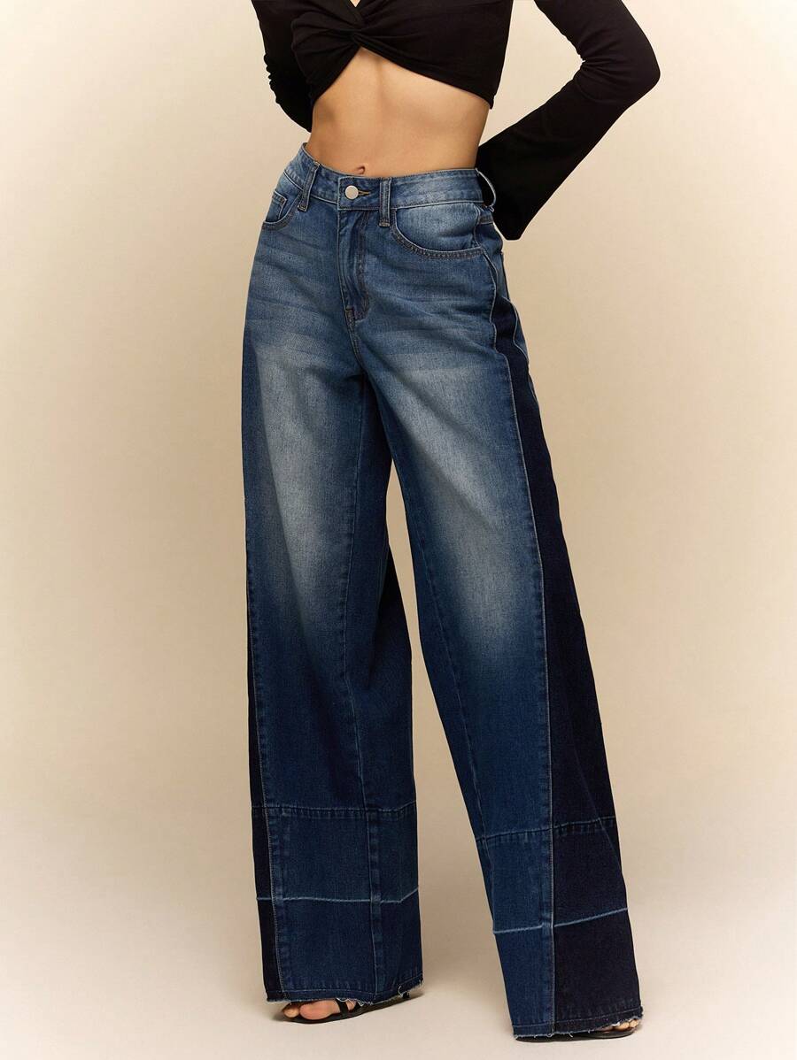 Poéselle Dames lage taille zakken wijde pijp losse casual jeans