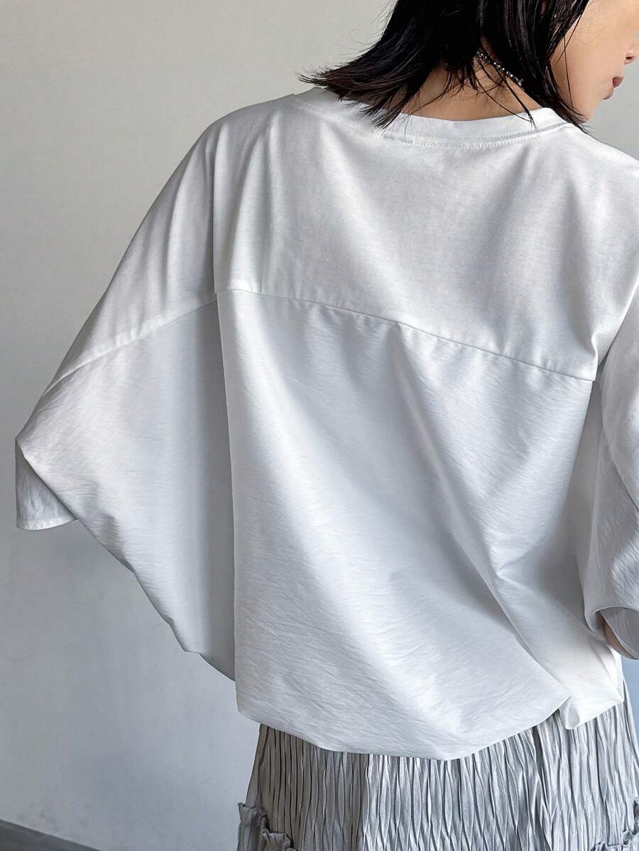 FRIFUL Women's Solid Color Casual Round Neck Loose Batwing Sleeve Blouse