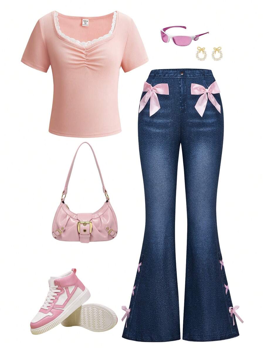 SHEIN Juego de 2 piezas: Pantalón campana de efecto denim con lazo elegante + Camiseta de manga corta ajustada con encaje para adolescentes, lazo rosa
