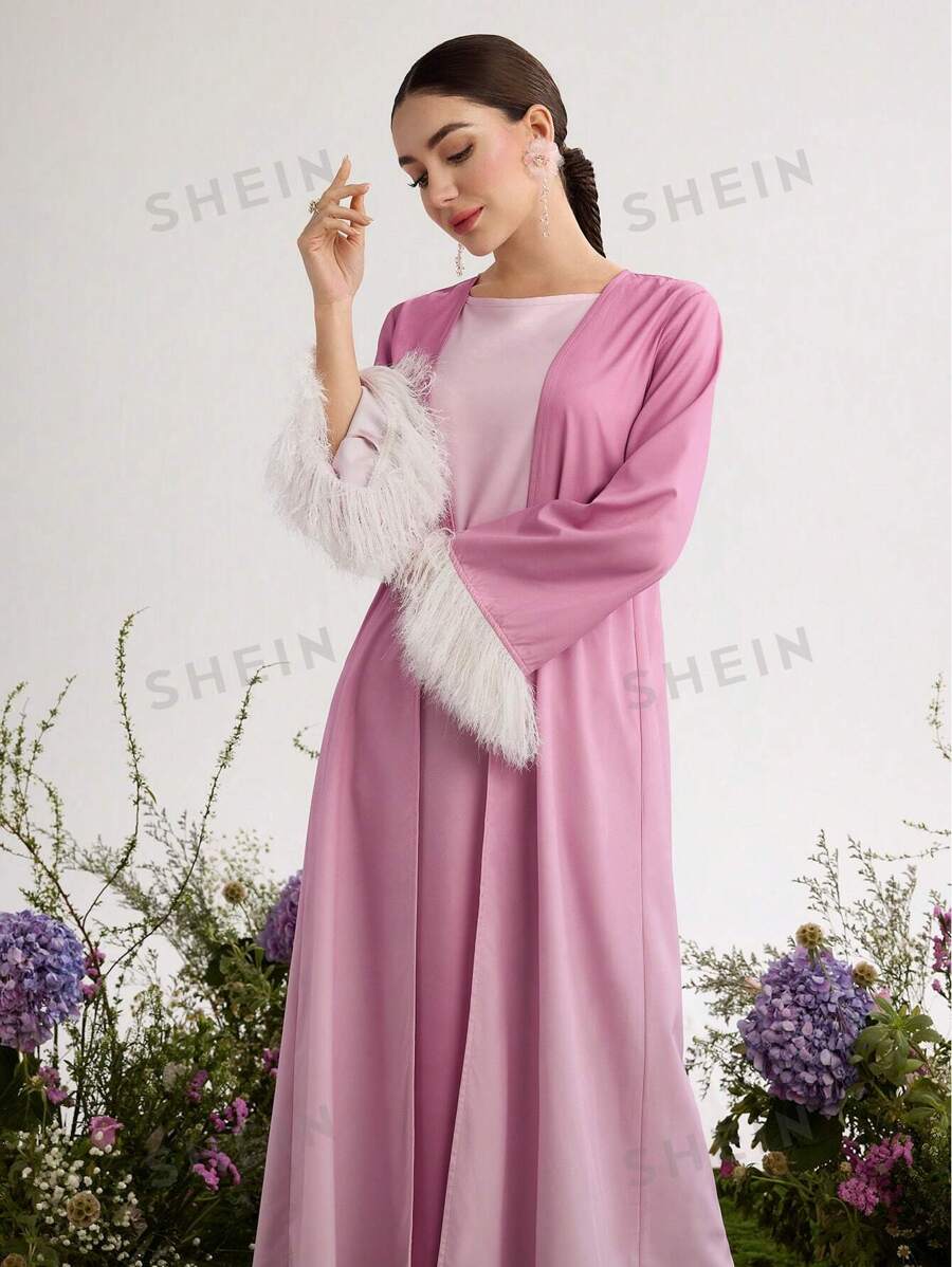 Graceveil Set de 2 piezas: Chaqueta con mangas largas y dobladillo de pelo degradado y vestido, estilo minimalista