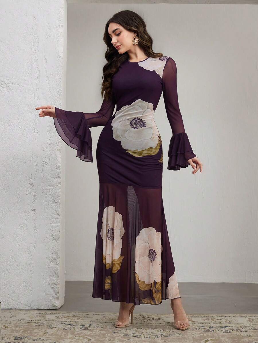 Graceveil Women Floral Print Casual Dress, Long Sleeve Round Neck