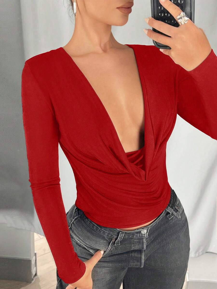 SHEIN ICON Women's Simple Long Sleeve Metallic Shiny Sexy Plunging Neckline T-Shirt