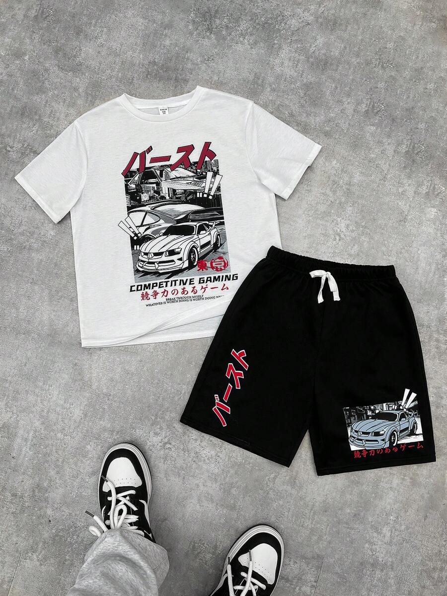 Set de 2 piezas de camiseta de manga corta holgada de cuello redondo y shorts de punto con estampado de coches, para niños preajolescentes, de uso versátil y cómodo, para vacaciones