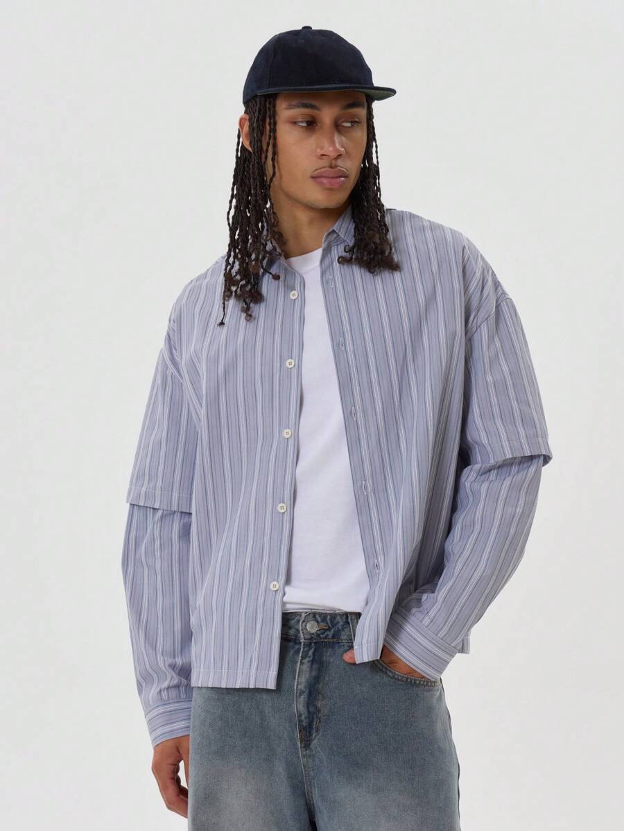 Musero Camisa de botones con doble capa y rayas oversize para primavera y verano
