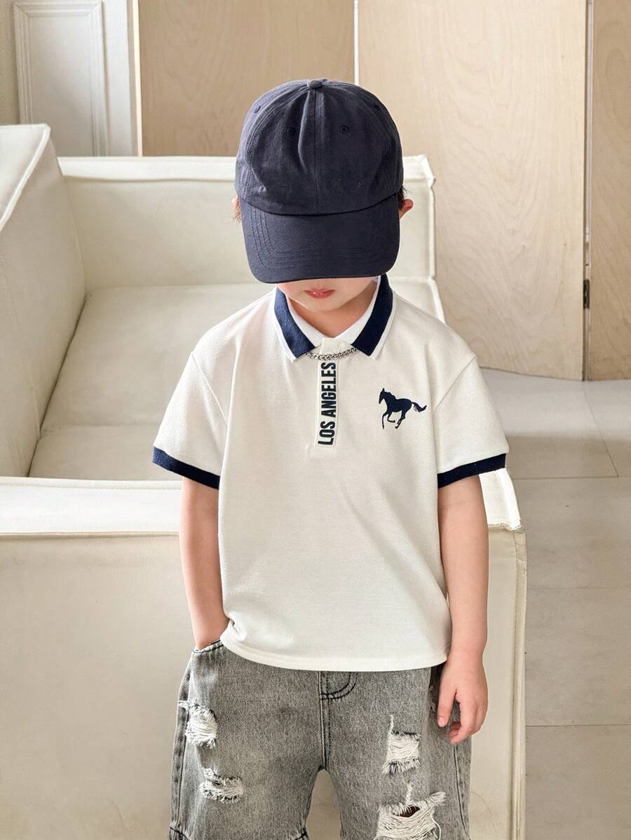 SHEIN 1 Pc Young Boy Casual Comfortable, Versatile Loose Fit Polo Shirt With Letter Print, Soft & Breathable, Suitable For Spring & Summer