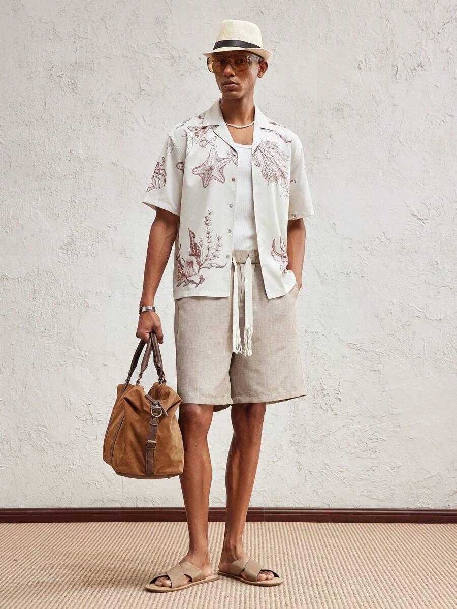 SHEIN X ELOISA & ORSON AKNOTIC Party Pantalones cortos casuales rectos y holgados de color caqui con cinta de contraste tejida, adecuados para uso diario y vacaciones, primavera/verano