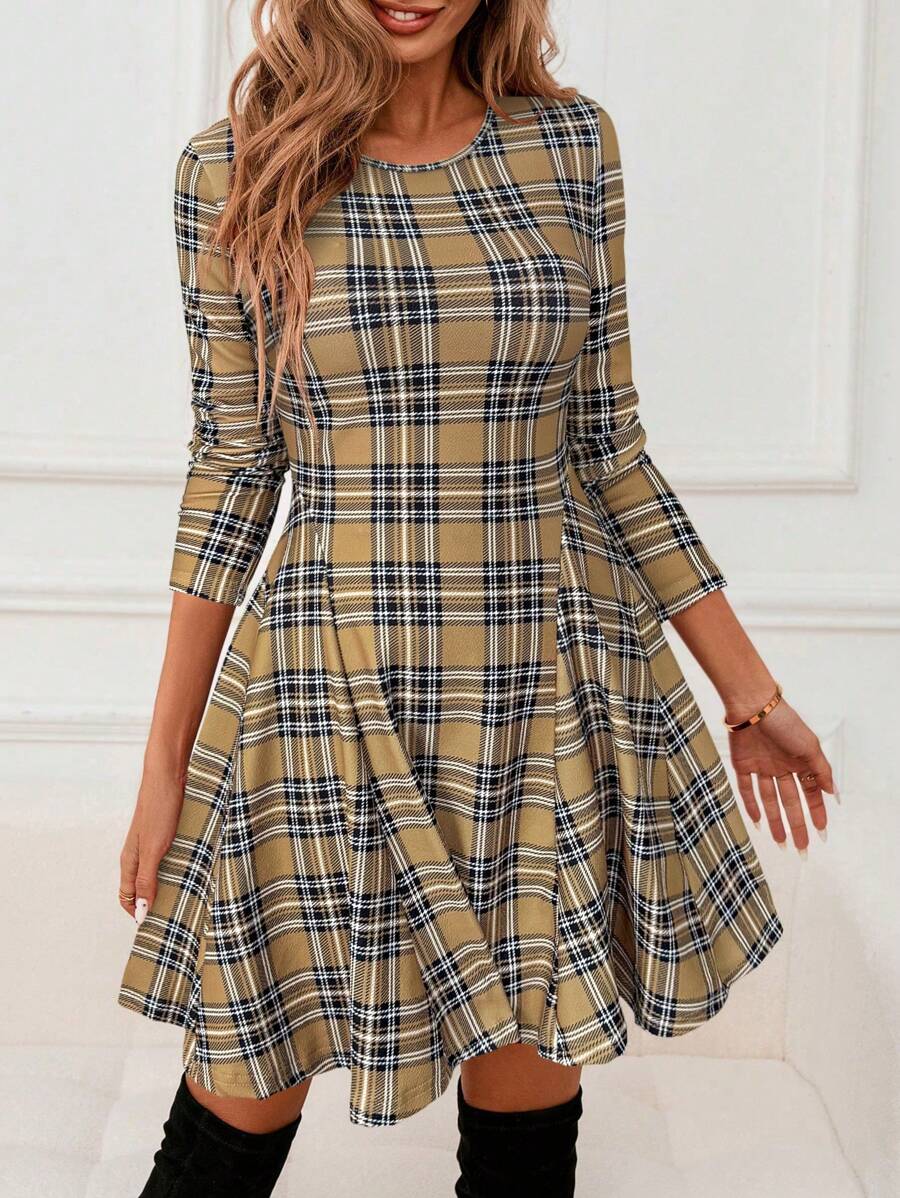 SHEIN LUNE Robe mini évasée à col rond avec imprimé à carreaux, élégante et décontractée, convenant pour l'automne/hiver
