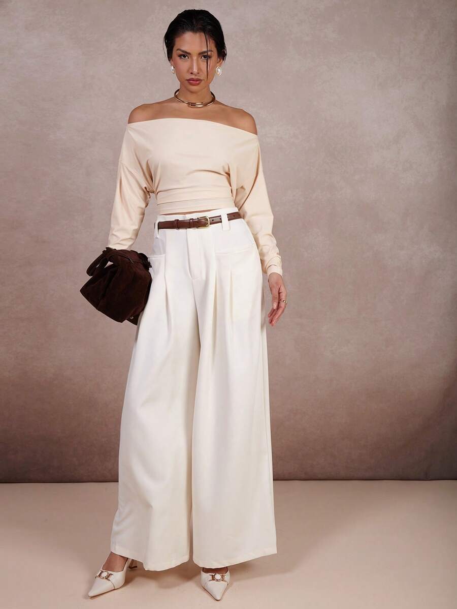 COSMINA Women Off Shoulder Long Sleeve Ruffle Solid Color Casual Top