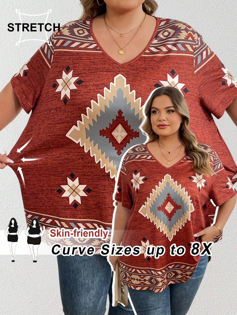 SHEIN CURVE+ T-shirt femme grande taille style bohème vintage imprimé géométrique col en V, style décontracté d'été