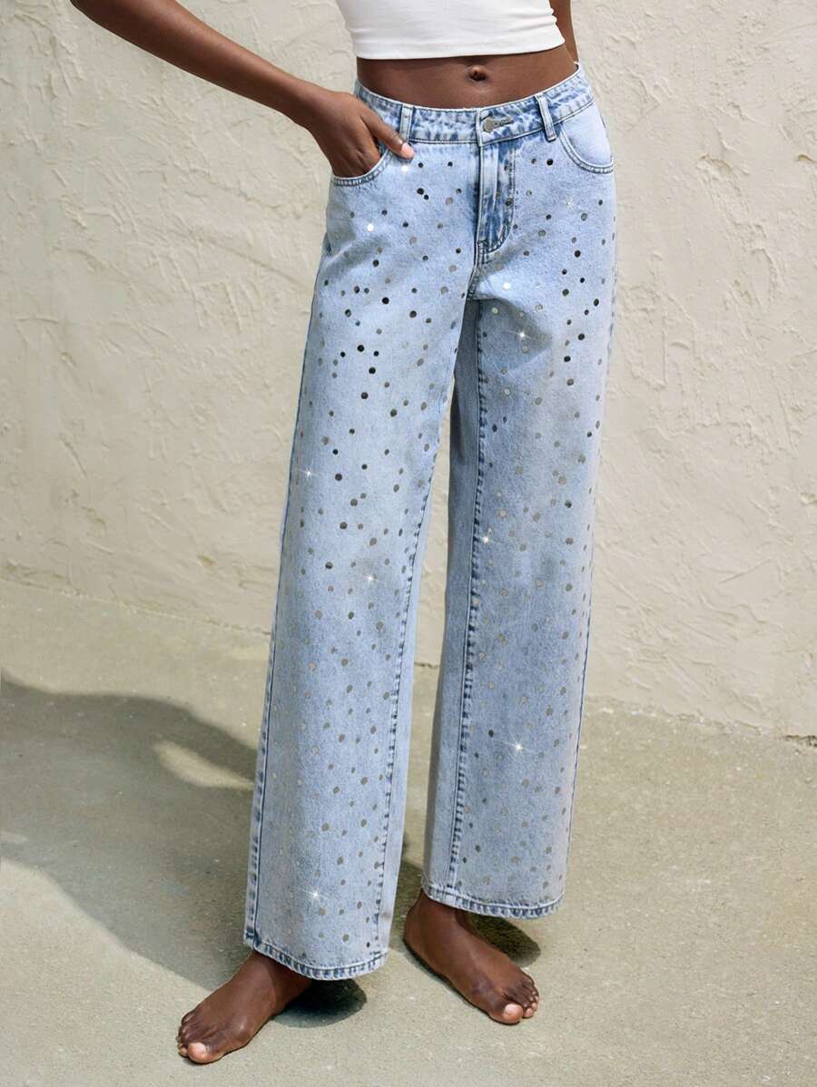 Maija Pantalones vaqueros de mujer de tiro bajo y pierna recta con lentejuelas brillantes para primavera y verano