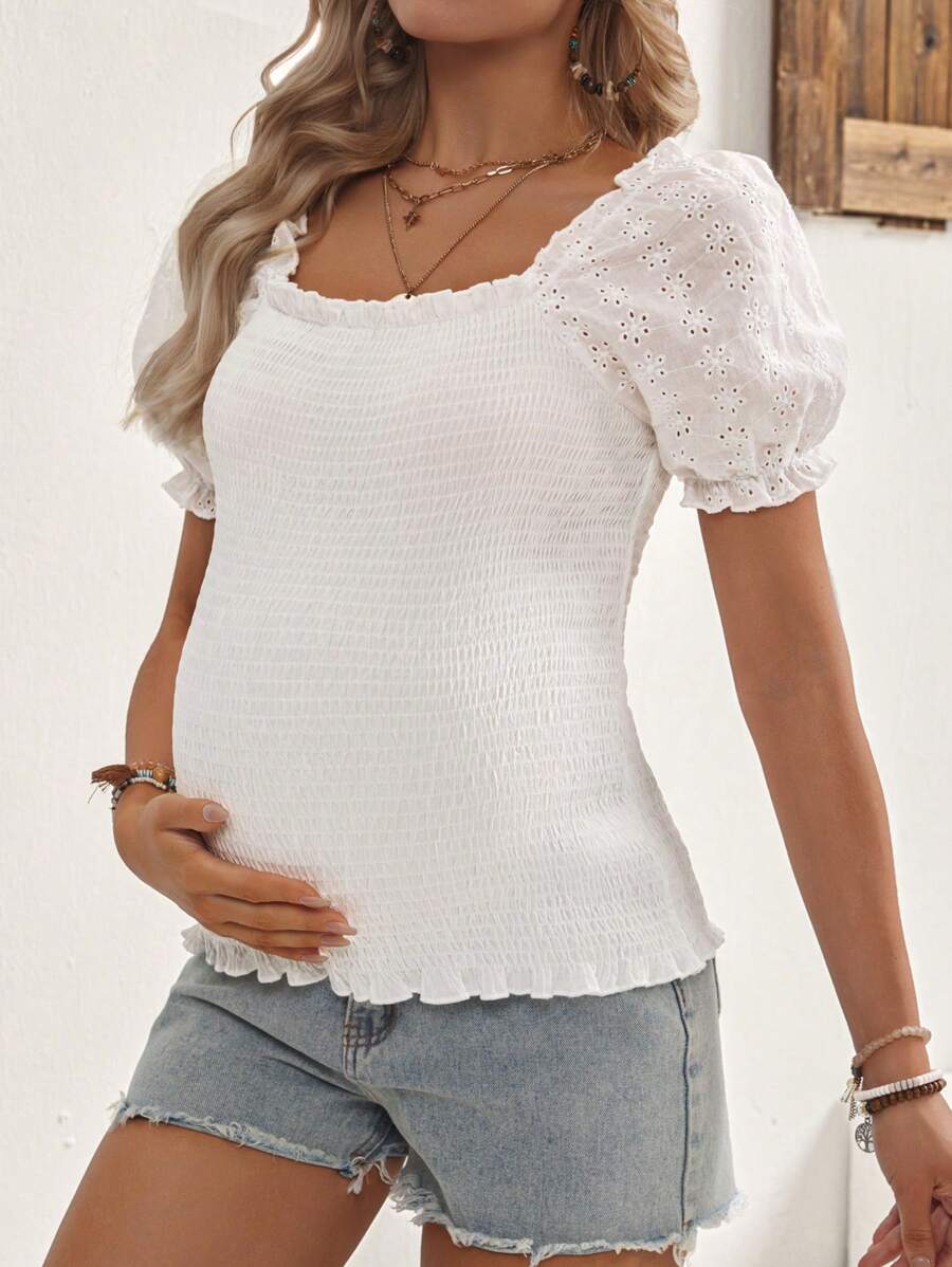 SHEIN Comfortable Eyelet Embroidered Puff Sleeve Sealed Maternity Top