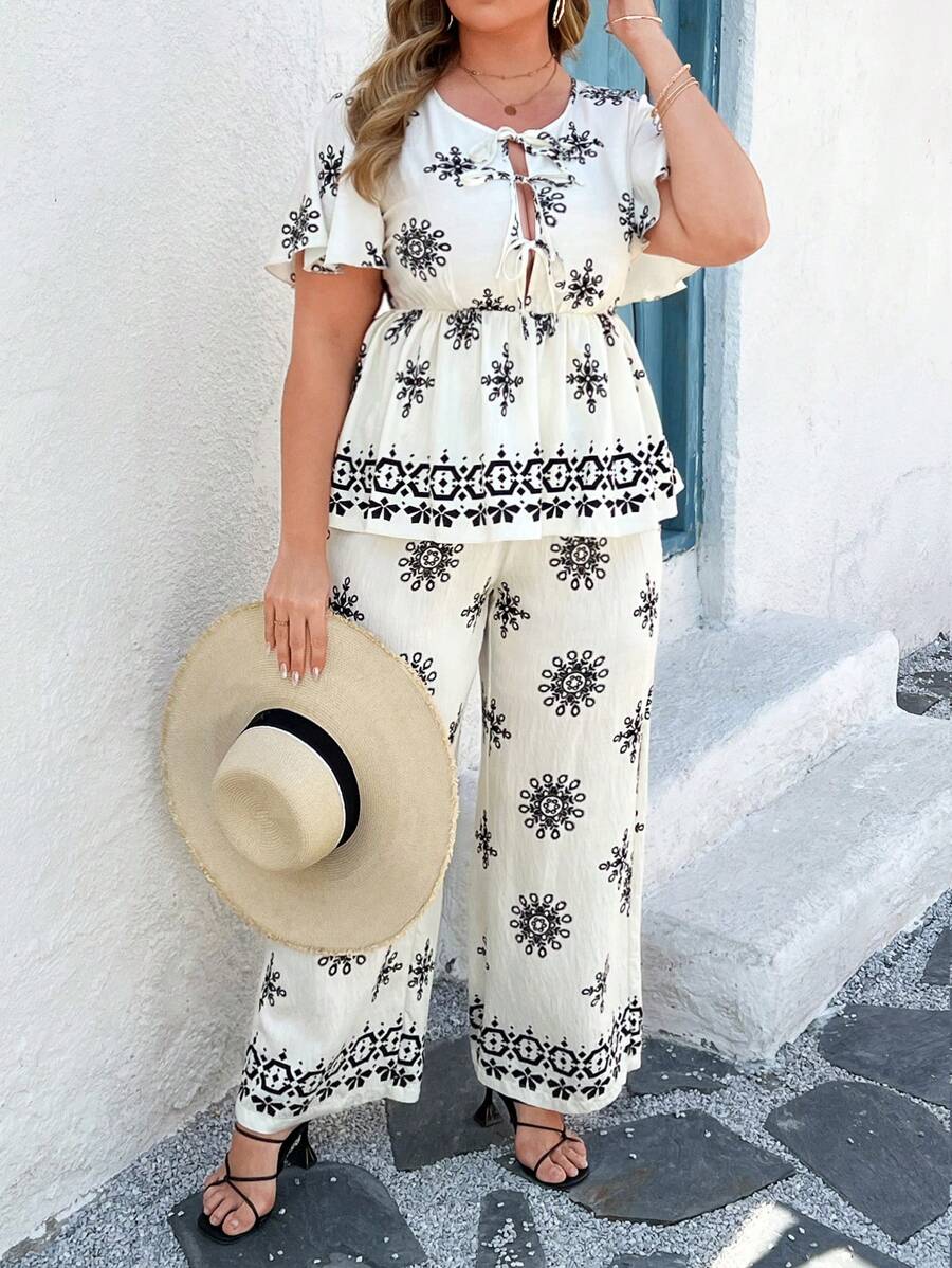 Franclia 2pcs/Set Plus Size Boho Tie-Up Front All-Over Print Minimalist Top And Long Pants, For Summer