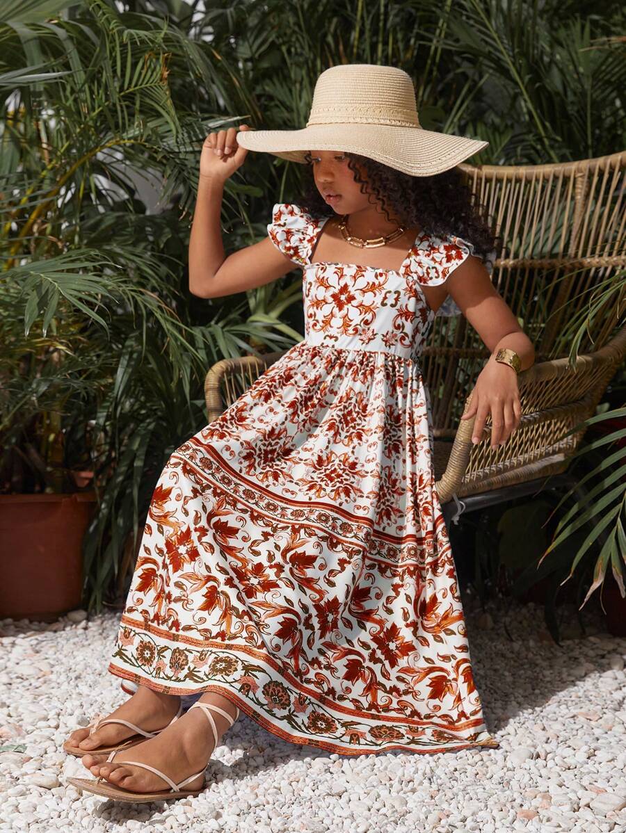 SHEIN Tween Girl Casual Chiffon Square Collar Cap Sleeve Ditsy Floral Dress