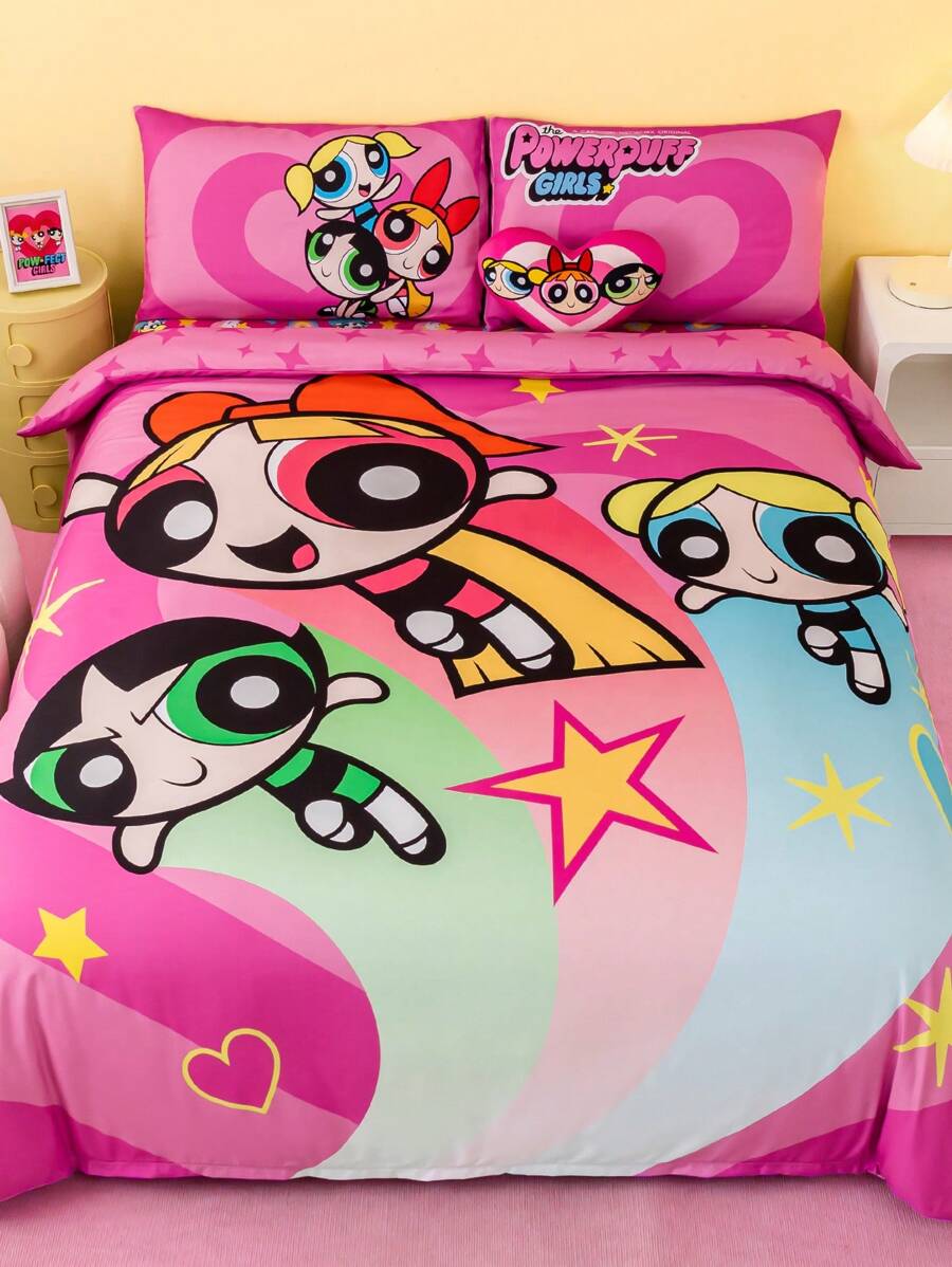 THE POWERPUFF GIRLS X SHEIN 3er Set süßer beidseitig bedruckter Bettwäsche-Set mit Herz-Cartoon-Motiv