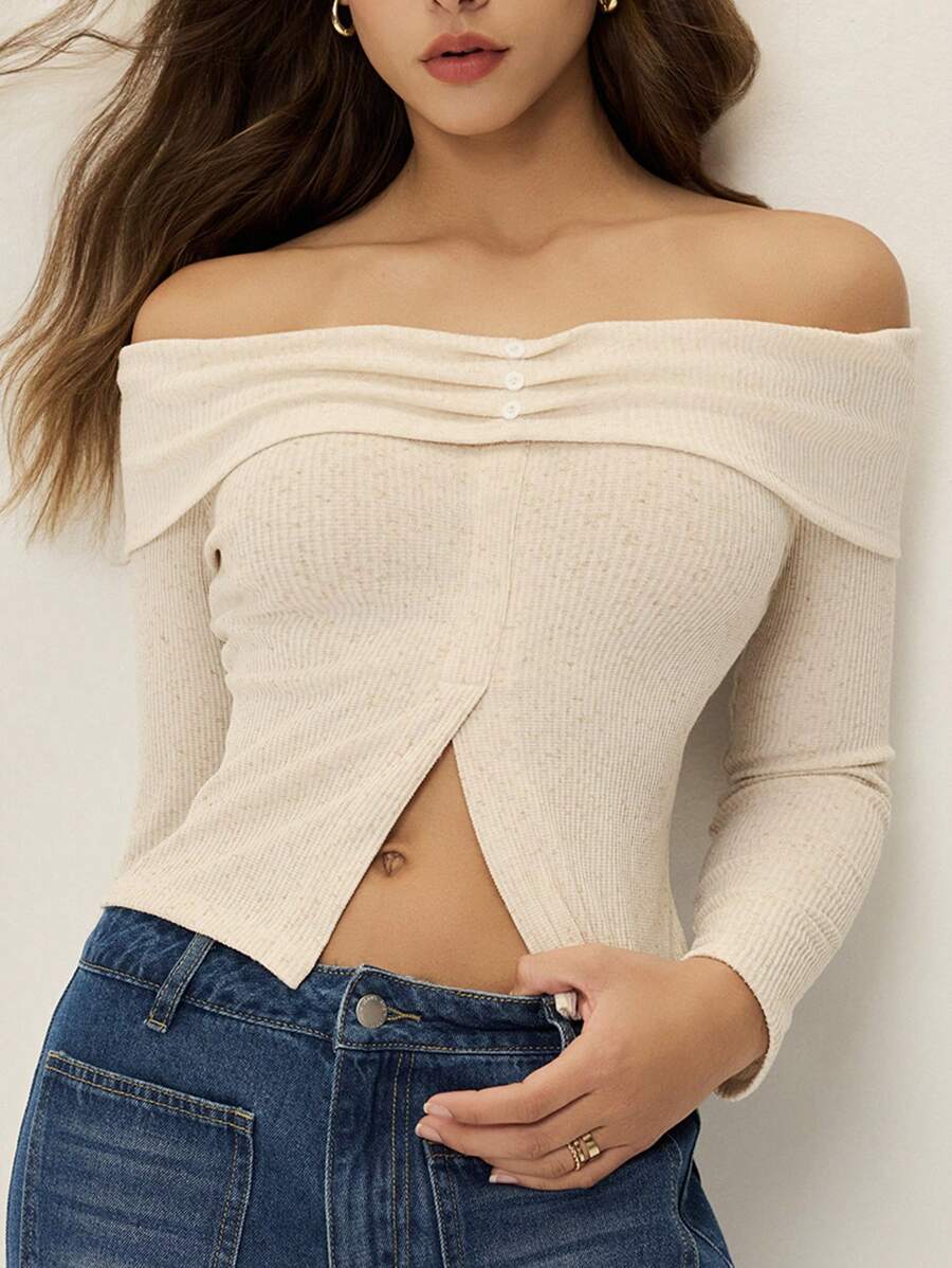 Poéselle Solid Color Off Shoulder Fitted T-Shirt, Simple & Fashionable For Casual Daily Wear