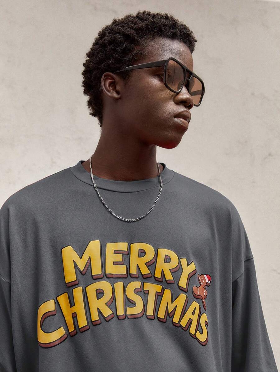 AKNOTIC Party Men's Loose Fit Letter Print Round Neck Short Sleeve T-Shirt, Suitable For Summer