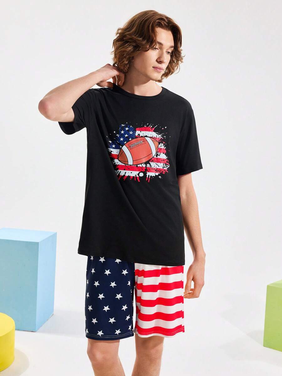 Happy Jammies Set de pijama de 2 piezas con top de cuello redondo de manga corta estampado y pantalones cortos casuales para hombre
